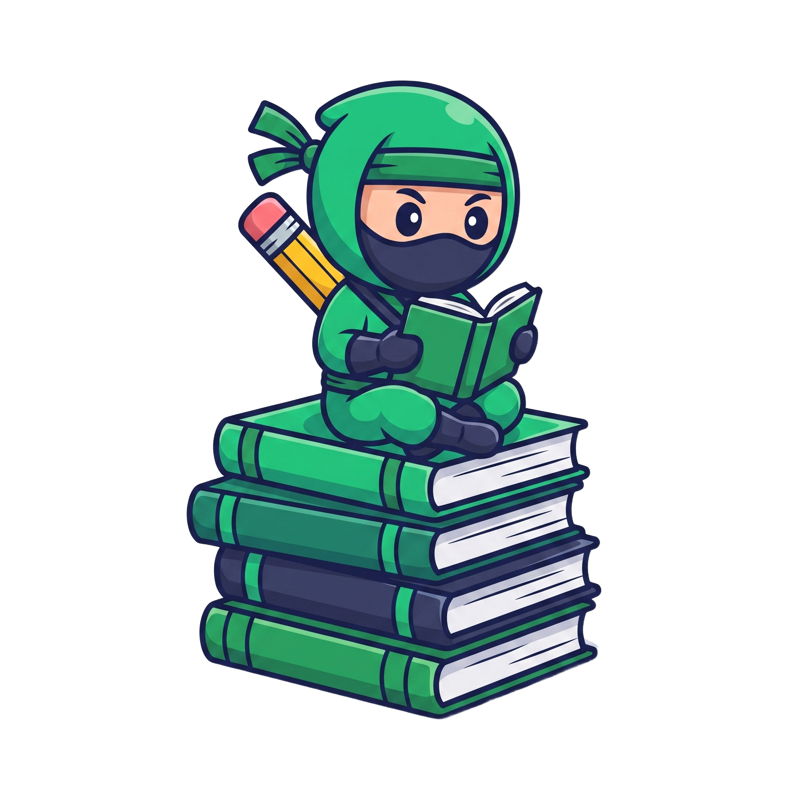 Mascote ninja lendo sobre uma pilha de livros esmeralda
