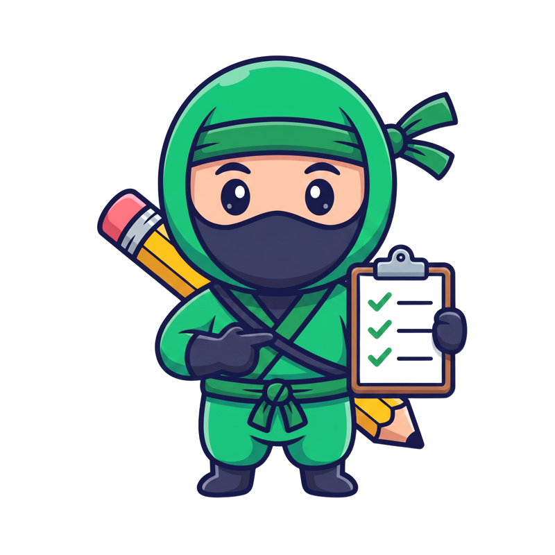 Mascote ninja segurando um checklist completo